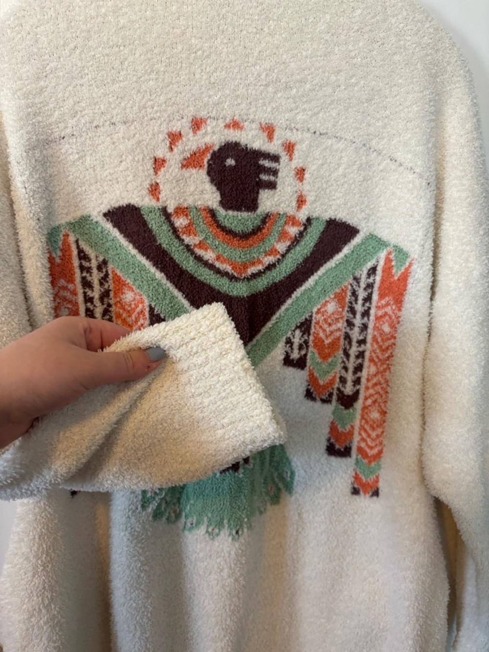 Cream Open-Front Cardigan with Green & Orange Aztec Back Motif Women’s One Size - Picture 3 of 5